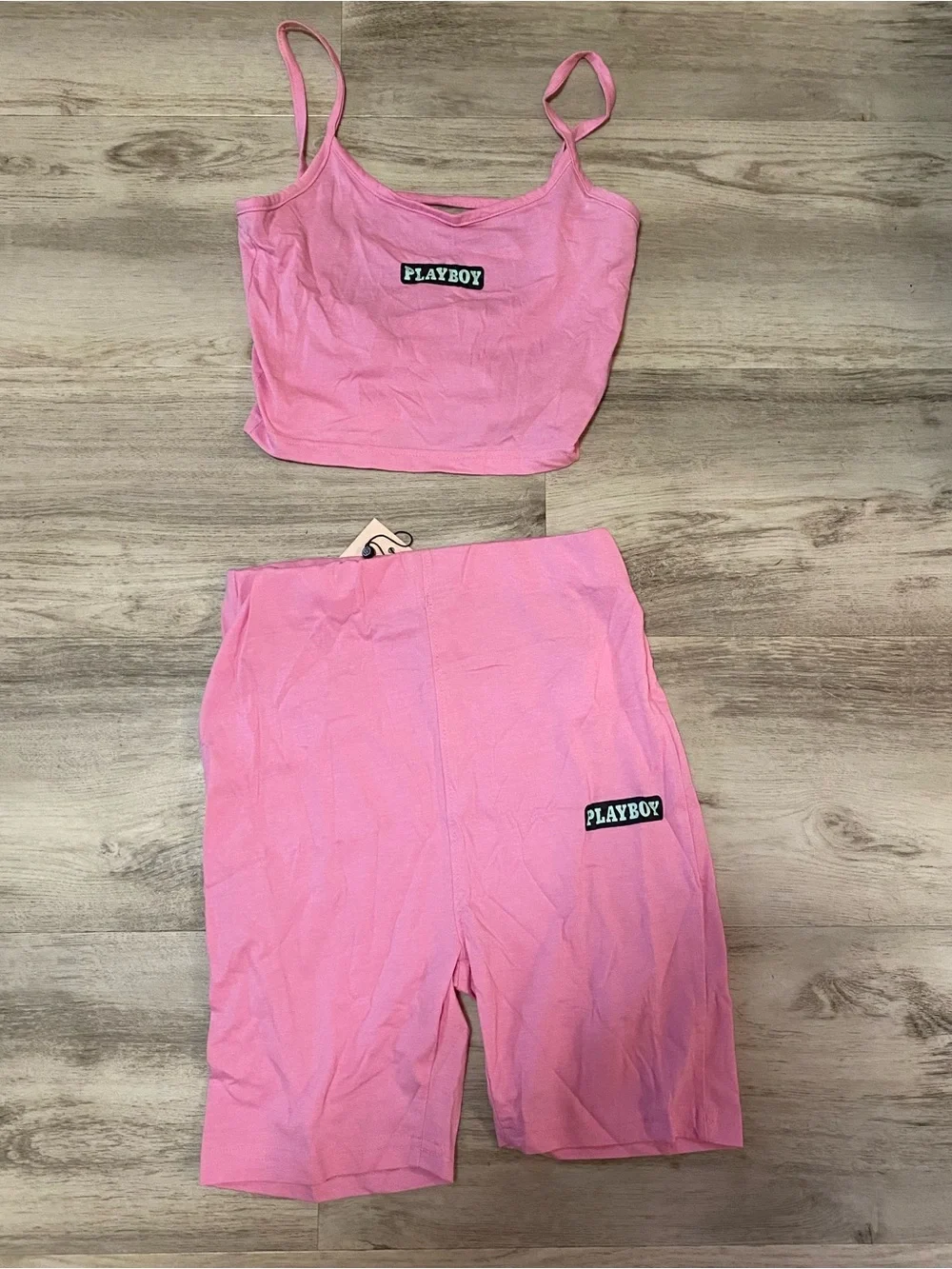 Missguided x PLAYBOY Pink Spaghetti-Strap Crop Top & High-Waist Bike Shorts set